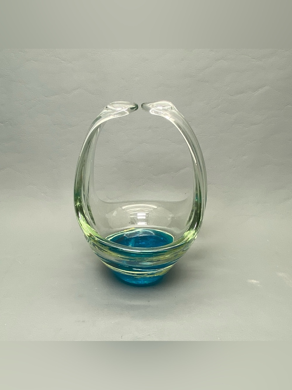 Vtg Hana Hand Blown Art Glass Basket Blue Yellow Swirl Signed Murano Style 6”